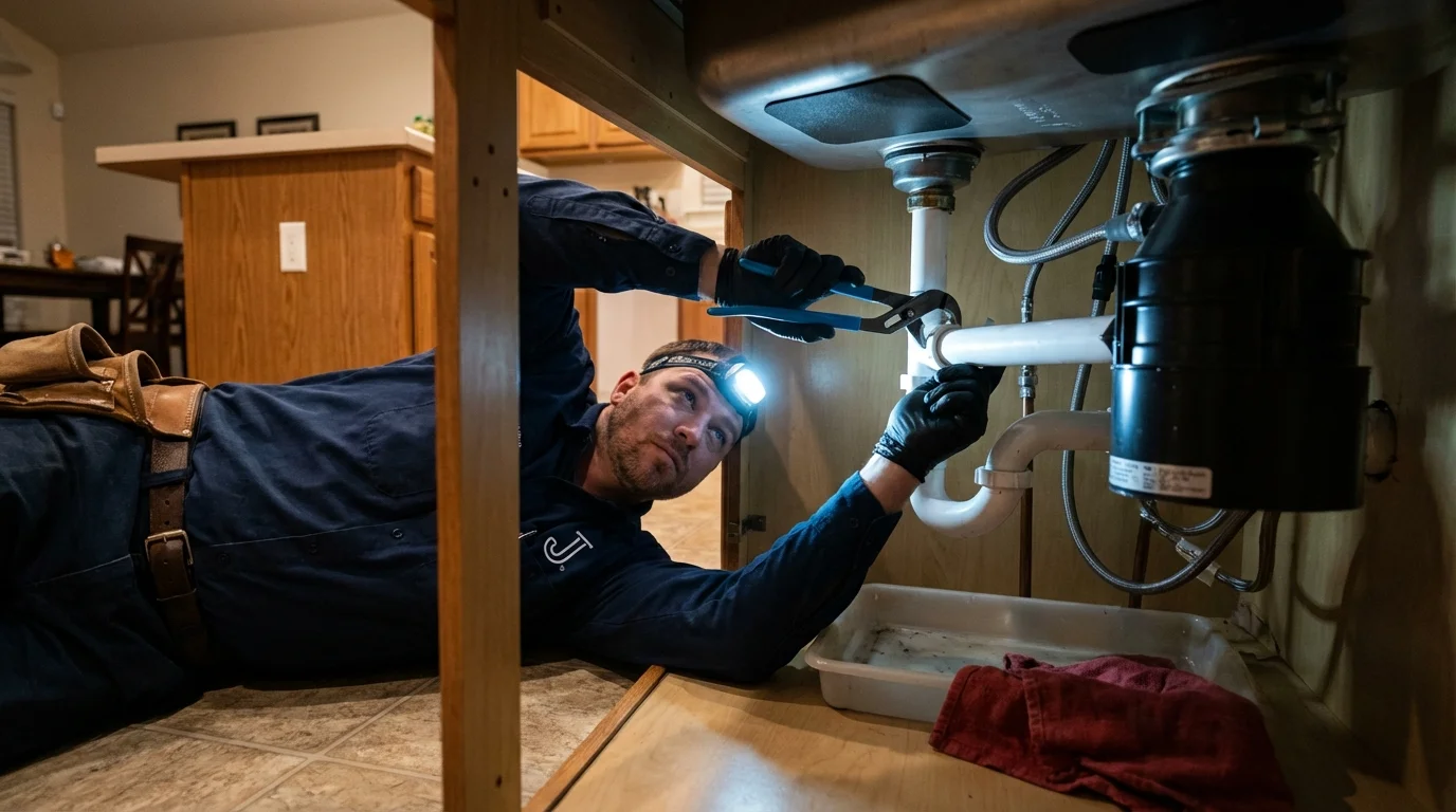 P-trap and supply line connections under a kitchen sink showing a common leak point in Buena Vista, CO